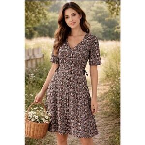 VTG Button-Up 60’s 70’s Micro FLORAL DRESS M Laced-up Fairy Cottagecore Boho